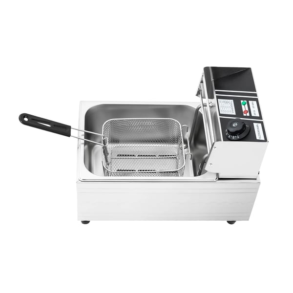 Elektrisk frituregryde - Bordmodel - 2500 W - 6 L - Enkelt kar - Rustfrit stål - Kurv og låg - 220 V EU - Lysegrå