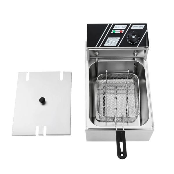 Elektrisk frituregryde - Bordmodel - 2500 W - 6 L - Enkelt kar - Rustfrit stål - Kurv og låg - 220 V EU - Lysegrå