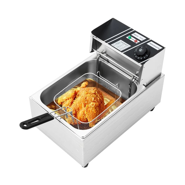 Elektrisk frituregryde - Bordmodel - 2500 W - 6 L - Enkelt kar - Rustfrit stål - Kurv og låg - 220 V EU - Lysegrå