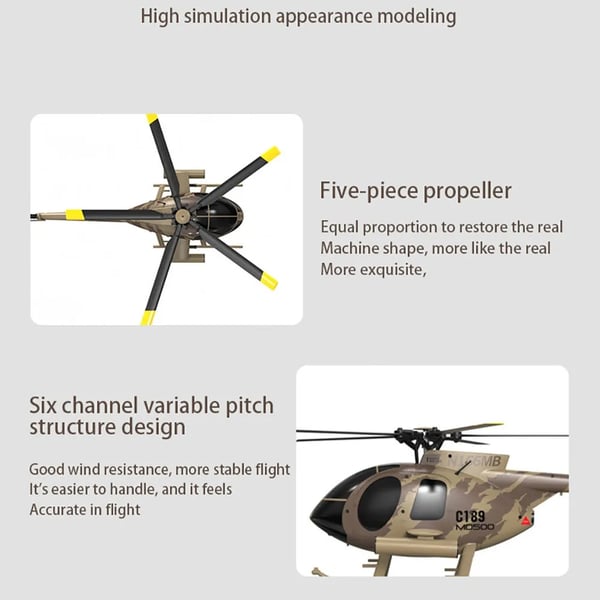 C189 MD500 - RC-helikopter - 2,4 GHz 6-kanaler - Højdehold - Flybarless - Børsteløs motor - Rækkevidde 150–200 m - Flyvetid 10–20 min - Chokoladebrun