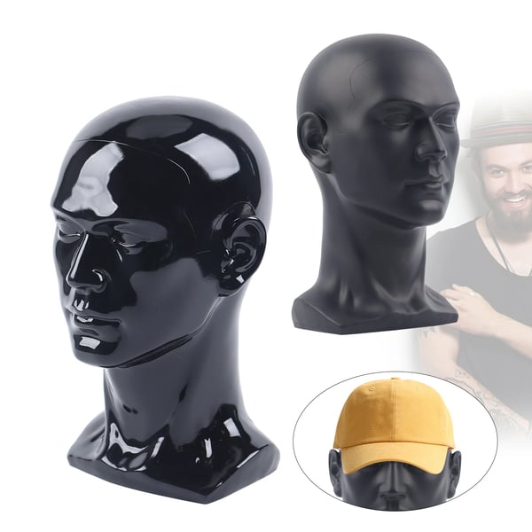 Mannequinhoved - Herre Displayhoved - Til Hat/Paryk/Briller - Højde 30 cm - Omkreds 50 cm - PVC - Vægt 0,7–1 kg - Mat sort