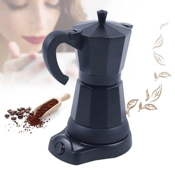 Espressokeitin - Sähköinen mokkapannu - 300 ml - Alumiini - Irrotettava jalusta - Musta