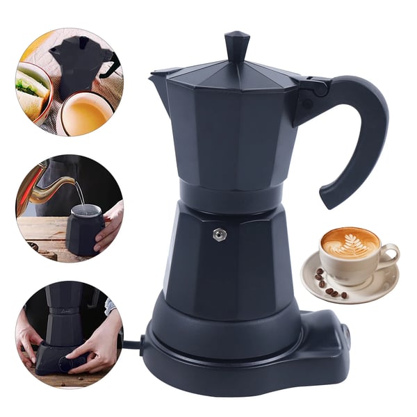 Espressokeitin - Sähköinen mokkapannu - 300 ml - Alumiini - Irrotettava jalusta - Musta
