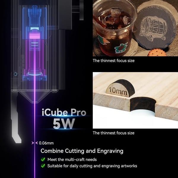 Lasergraver - iCube Pro 5W - 0,06 mm Punkt - 10000 mm/min - 130×130 mm Arbejdsområde - Udskiftelig Linse - Røgfilter - Grøn