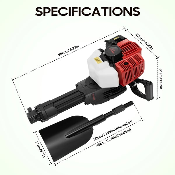 Puutarhan puunkaivuri - Bensiinikäyttöinen 52 cc 1900 W - 1500 iskua/min - Polttoainesäiliö 1,1 l - Kulutus ≤0,6 l/h - Paino 18,6 kg - Punainen/Musta