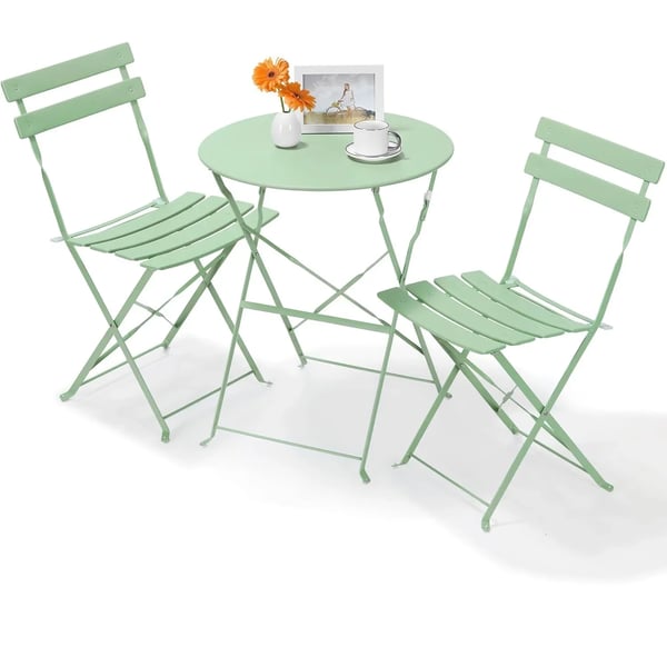 Udendørs bistrosæt - Tredelt bord og 2 stole - Sammenklappeligt - Metal (jern) - Bord 60 x 60 x 72 cm - Til 2 personer - Grøn