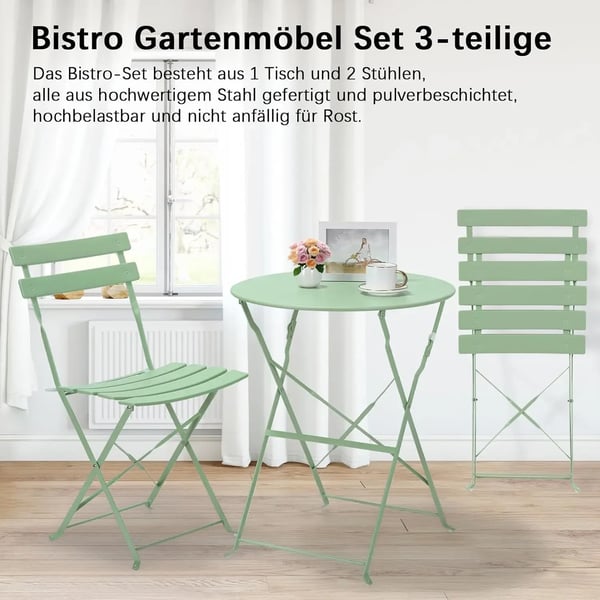 Udendørs bistrosæt - Tredelt bord og 2 stole - Sammenklappeligt - Metal (jern) - Bord 60 x 60 x 72 cm - Til 2 personer - Grøn