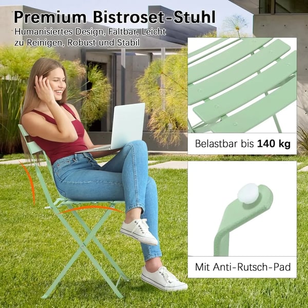 Udendørs bistrosæt - Tredelt bord og 2 stole - Sammenklappeligt - Metal (jern) - Bord 60 x 60 x 72 cm - Til 2 personer - Grøn