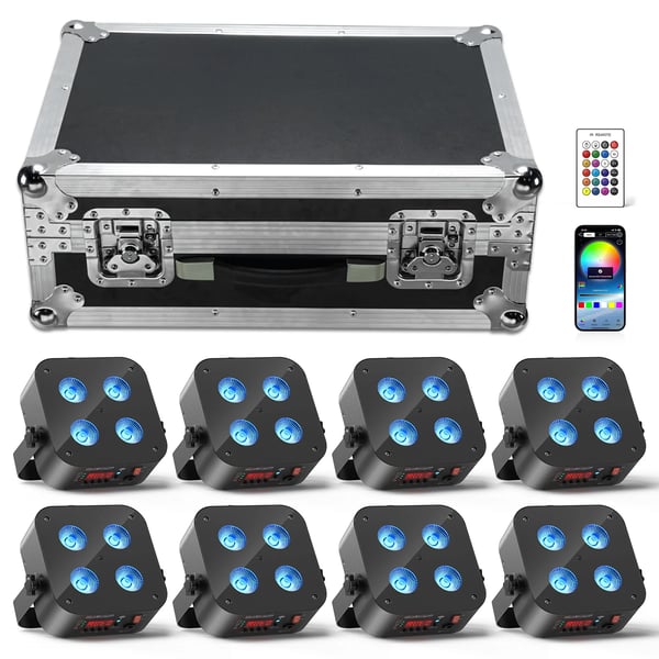 Flightcase med laddning - För 8 APP-styrda trådlösa PAR-lampor - Kompatibel med 4×18W - AC 90–240V - Scen & DJ - Ljusgrå