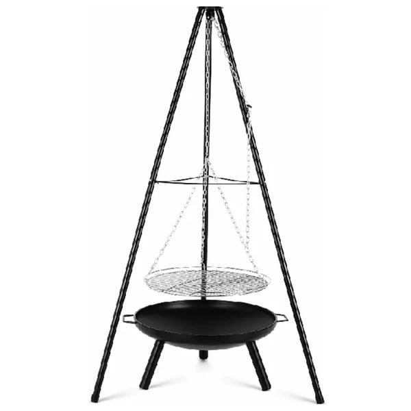 Utomhus eldstad/grill - Trefotsstativ med hängande gryta/galler - Gjutjärn - Kolgrill - Emaljerad - Justerbar - Höjd 152 cm - Bärbar