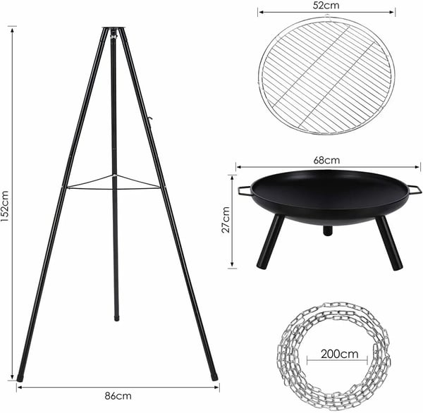 Ulkotulisija/grilli - Kolmijalka, roikkuva pata/ritilä - Valurauta - Hiiligrilli - Emaloitu - Säädettävä - Korkeus 152 cm - Kannettava