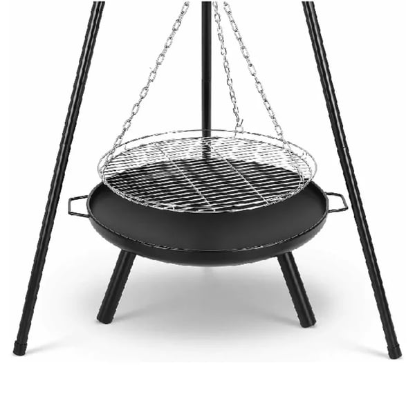 Ulkotulisija/grilli - Kolmijalka, roikkuva pata/ritilä - Valurauta - Hiiligrilli - Emaloitu - Säädettävä - Korkeus 152 cm - Kannettava