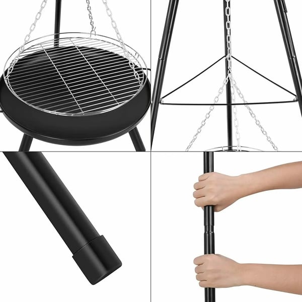 Ulkotulisija/grilli - Kolmijalka, roikkuva pata/ritilä - Valurauta - Hiiligrilli - Emaloitu - Säädettävä - Korkeus 152 cm - Kannettava