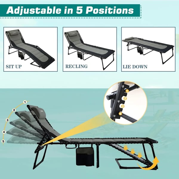 Udendørs solseng - Sammenklappelig liggestol - 2-pak 200×68×35 cm - 5-trins justerbar - Polstret - Med armlæn - 150 kg - Sort