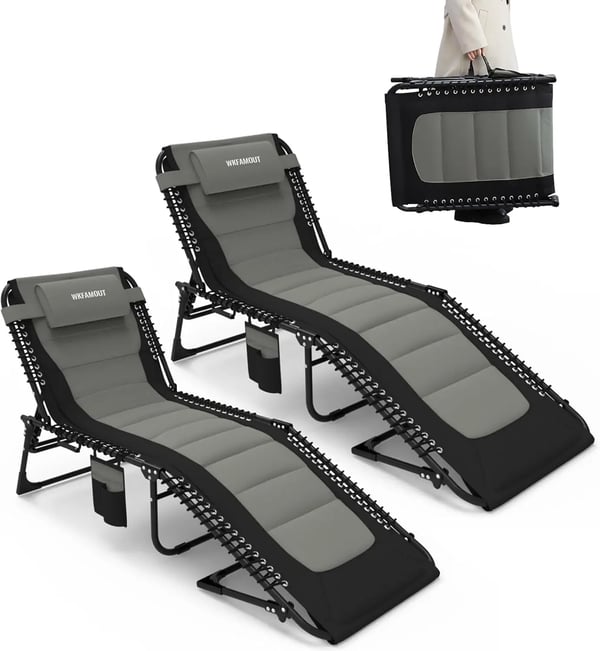 Aurinkotuoli ulkokäyttöön - Taitettava kallistettava lepotuoli - 2 kpl 200×68×35 cm - 5-asentoinen - Pehmustettu - Käsinojilla - 150 kg - Musta