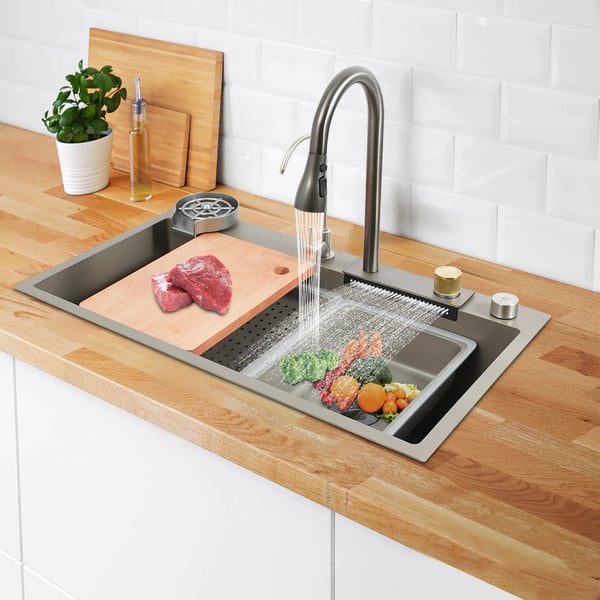 Køkkenvask - Dobbeltkumme - Rustfrit Stål - Med Vandhane - To Huller - Rektangulær - 80×45 cm - Mørkegrå