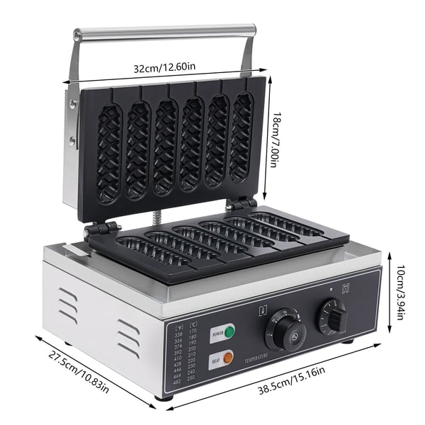 Hotdog-vohvelikone - Vohvelirauta - 6 muottia - Tarttumaton - Ajastin ja termostaatti - Ylä- ja alalämmitys - 1500 W, 220 V EU - Hopea