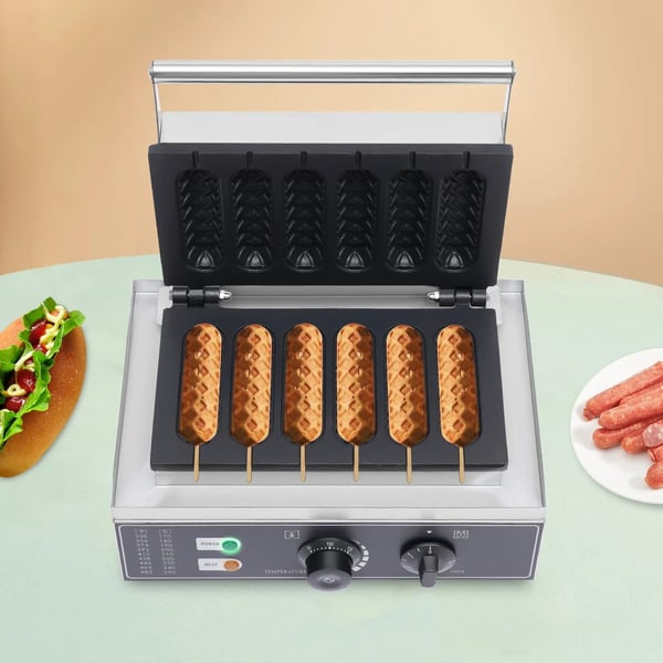 Hotdog-vohvelikone - Vohvelirauta - 6 muottia - Tarttumaton - Ajastin ja termostaatti - Ylä- ja alalämmitys - 1500 W, 220 V EU - Hopea