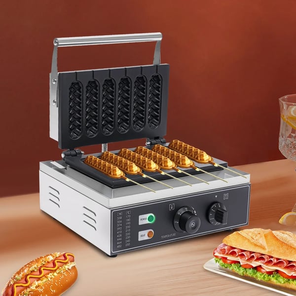 Hotdog-vohvelikone - Vohvelirauta - 6 muottia - Tarttumaton - Ajastin ja termostaatti - Ylä- ja alalämmitys - 1500 W, 220 V EU - Hopea