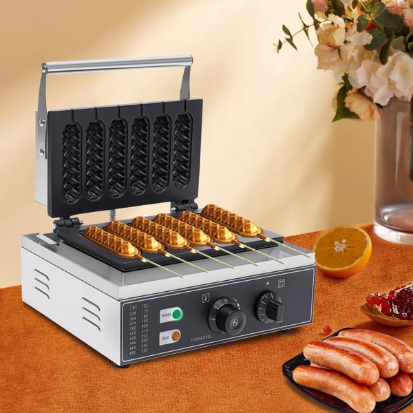 Hotdog-vohvelikone - Vohvelirauta - 6 muottia - Tarttumaton - Ajastin ja termostaatti - Ylä- ja alalämmitys - 1500 W, 220 V EU - Hopea