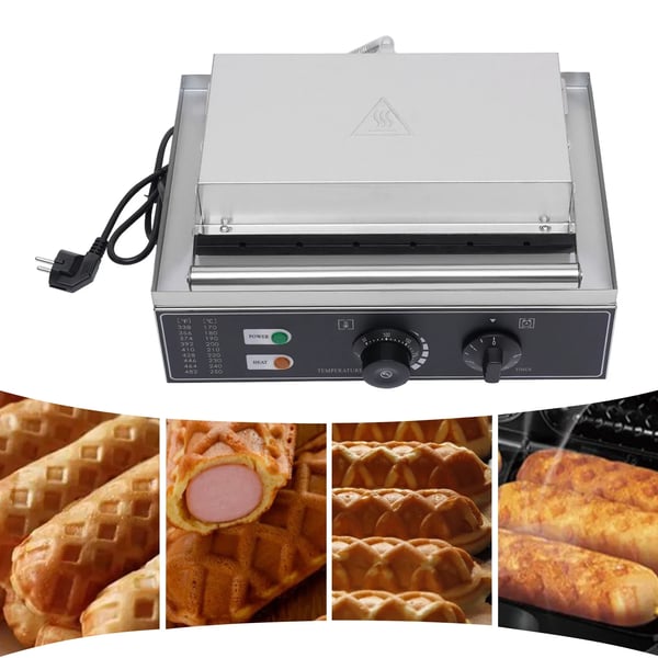 Hotdog-vohvelikone - Vohvelirauta - 6 muottia - Tarttumaton - Ajastin ja termostaatti - Ylä- ja alalämmitys - 1500 W, 220 V EU - Hopea