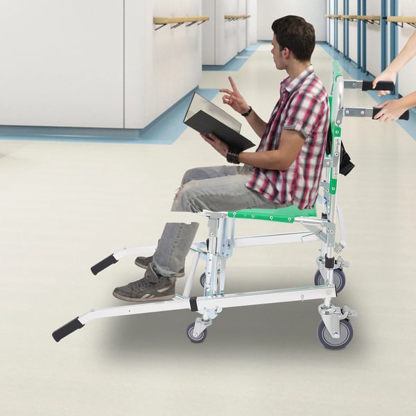 Evakueringsstol til trapper - Sammenklappelig transportstol - 159 kg bæreevne - Aluminiumlegering - 4 hjul (2 med bremser) - Sikkerhedsbælter - Grøn