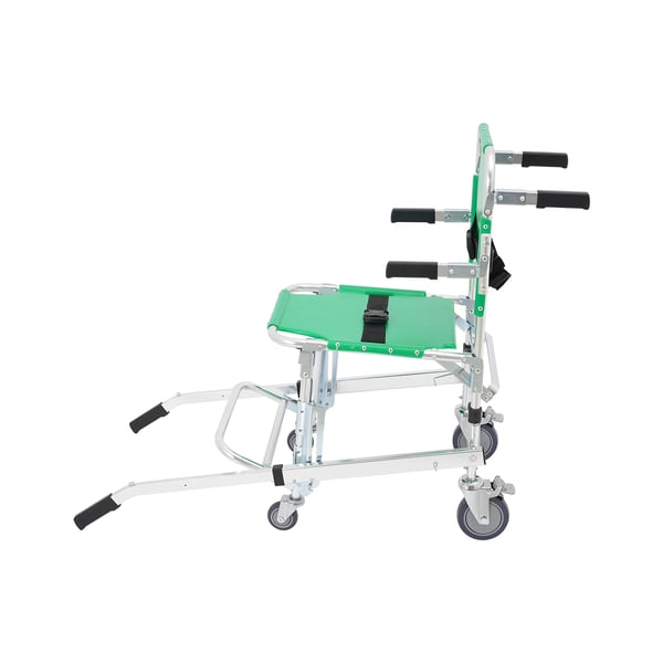 Evakueringsstol til trapper - Sammenklappelig transportstol - 159 kg bæreevne - Aluminiumlegering - 4 hjul (2 med bremser) - Sikkerhedsbælter - Grøn