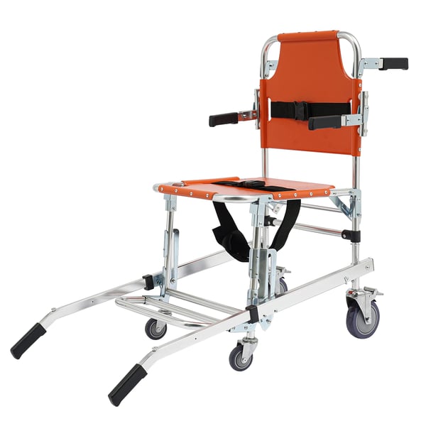 Evakueringsstol til trapper - Sammenklappelig - Max 159 kg - Aluminiumlegering - 4 hjul (2 med bremse) - Sikkerhedsseler - Orange