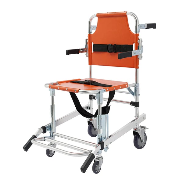 Evakueringsstol til trapper - Sammenklappelig - Max 159 kg - Aluminiumlegering - 4 hjul (2 med bremse) - Sikkerhedsseler - Orange