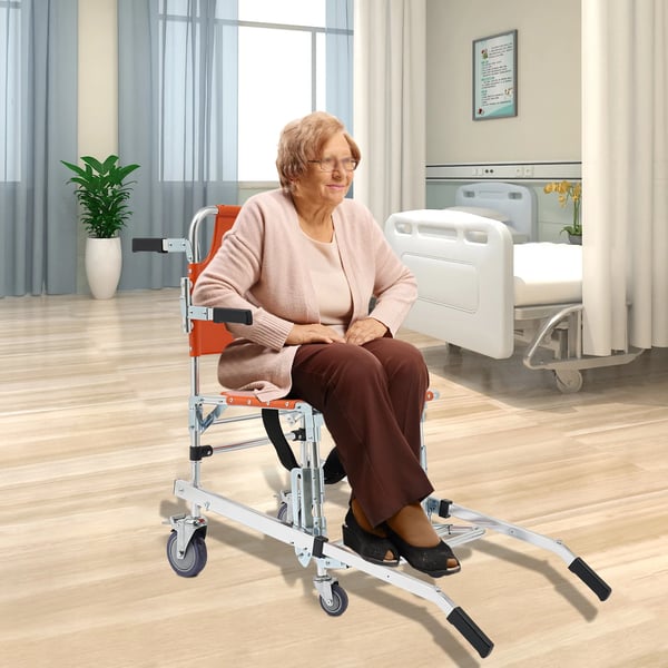 Evakueringsstol til trapper - Sammenklappelig - Max 159 kg - Aluminiumlegering - 4 hjul (2 med bremse) - Sikkerhedsseler - Orange