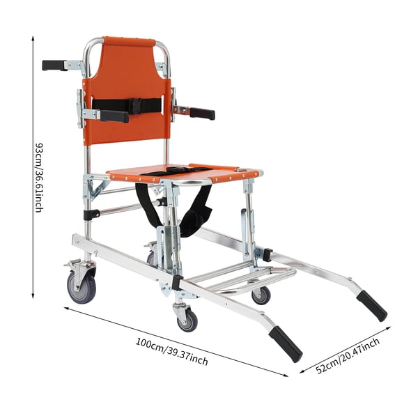 Evakueringsstol til trapper - Sammenklappelig - Max 159 kg - Aluminiumlegering - 4 hjul (2 med bremse) - Sikkerhedsseler - Orange