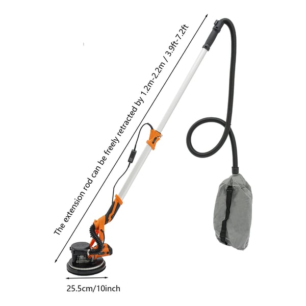 Seinähiomakone - Teleskooppinen - Säädettävä 1,2–2,2 m - 255 mm laikka - Nopeuksia 6, 1800 rpm - Pää 0–90° - Pölynpoisto, 220V EU - Oranssi