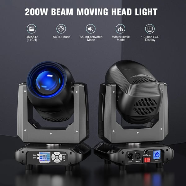 DJ Scenelys - Moving Head Beam/Spot - Effekt 200W - Prisme med 18 Facetter - DMX512/RDM, 14CH - Lydaktiveret/Auto/Master-Slave - EU-stik