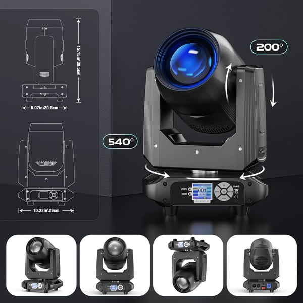 DJ Scenelys - Moving Head Beam/Spot - Effekt 200W - Prisme med 18 Facetter - DMX512/RDM, 14CH - Lydaktiveret/Auto/Master-Slave - EU-stik