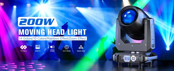 DJ Scenelys - Moving Head Beam/Spot - Effekt 200W - Prisme med 18 Facetter - DMX512/RDM, 14CH - Lydaktiveret/Auto/Master-Slave - EU-stik