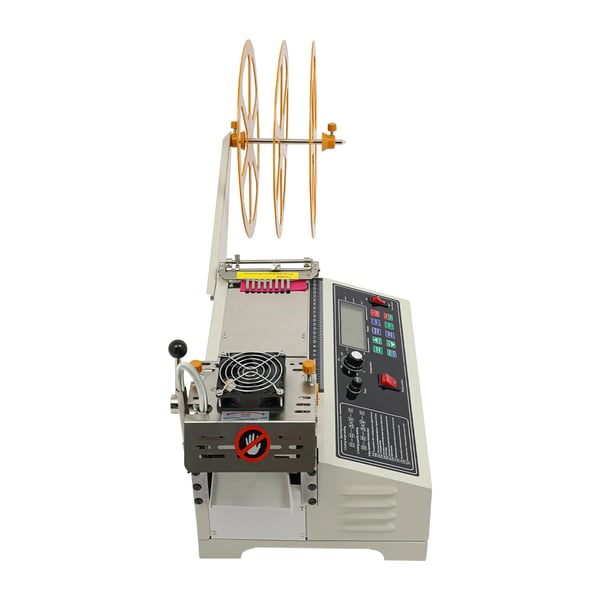 Automaattinen kuuma/kylmä nauha- ja köysileikkuri - 400 W 220 V - Leveys 1–98 mm - Pituus 1–99999 mm - Paksuus 6 mm - Terälämpö 450 °C - Valkoinen