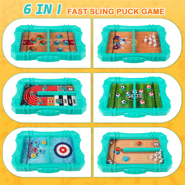 Sling Puck Slingshot Hockey - Pöytäpeli - Setti 6-in-1 - Nopea Kuminauhapeli - Perhepeli 7–12 - CE-hyväksytty - Vaaleanharmaa