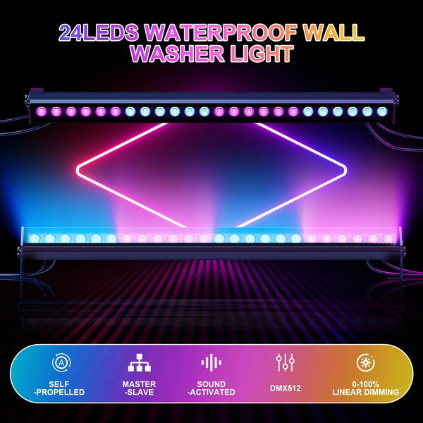 LED Wall Washer - Lysbar - 120 W, 24×3W RGB LED, IP65 Vandtæt, DMX-styring, EU-stik, 4-pak