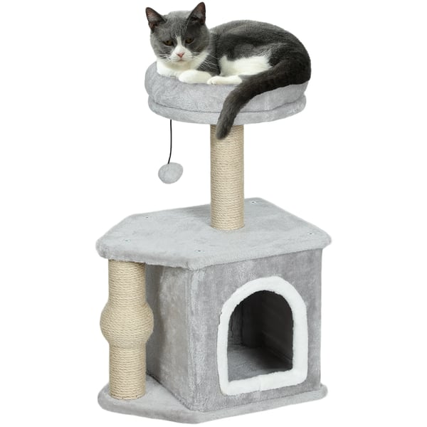 Kattklösträd - Klösstolpe - 42x30x66 cm - 4 Nivåer - Jutepelare - Sovbädd - Ljusgrå