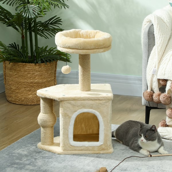 Kattklösträd - Klösstolpe - 42x30x66 cm - 4 Nivåer - Jutepelare - Sovbädd - Ljusgrå