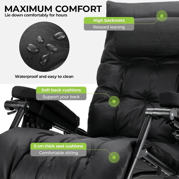 Zero Gravity Liggestol - Recliner 2-pak - Sammenklappelig - Vandtæt Teknisk Stof - Med Pude - Til Inde/Ude - Jernramme - 160 x 69 x 80 cm - Sort