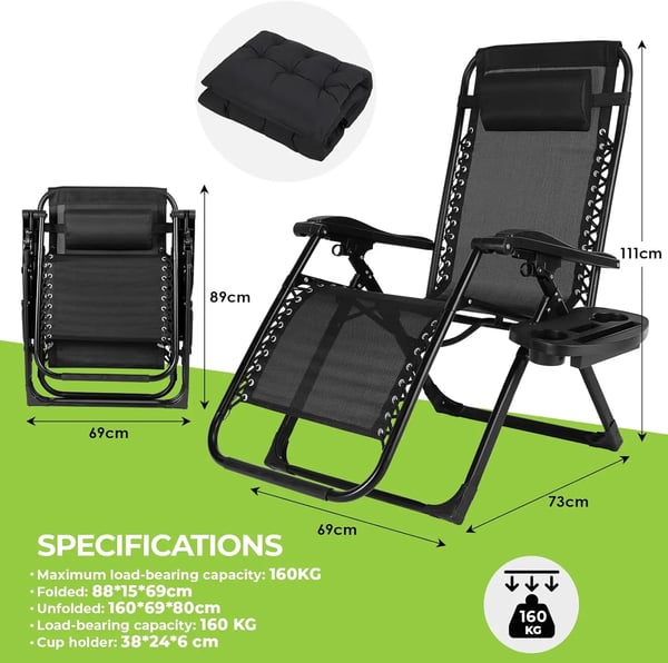 Zero Gravity Liggestol - Recliner 2-pak - Sammenklappelig - Vandtæt Teknisk Stof - Med Pude - Til Inde/Ude - Jernramme - 160 x 69 x 80 cm - Sort