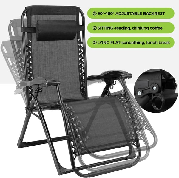 Zero Gravity Liggestol - Recliner 2-pak - Sammenklappelig - Vandtæt Teknisk Stof - Med Pude - Til Inde/Ude - Jernramme - 160 x 69 x 80 cm - Sort