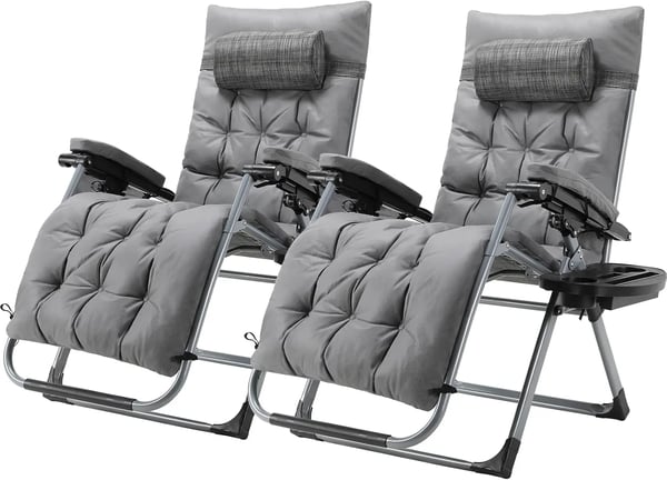 Zero Gravity liggestol - Sammenklappelig recliner - Vandtæt teknisk stof - Jernstel - Indendørs/udendørs - 160 x 69 x 80 cm - Sæt med 2 - Lysegrå