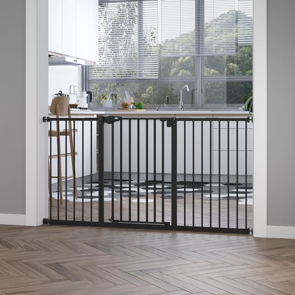 Säkerhetsgrind för dörrar - Utdragbar dörrgrind - Metall - Bredd upp till 147,5 cm - Höjd 76,2 cm - Svart