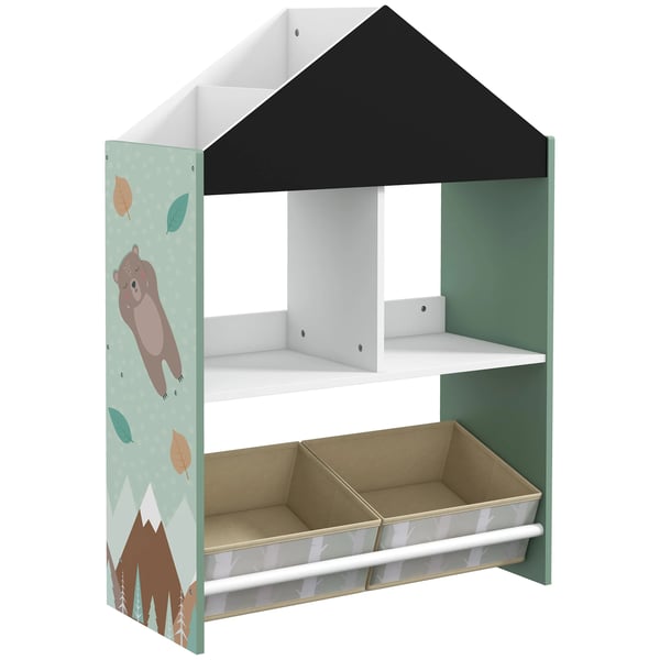 Leksakshylla för barn - Förvaringshylla - Öppna hyllor & 2 tyglådor - 8 fack - MDF & furu - Max 16 kg - 62,4x26,5x90 cm - Grön