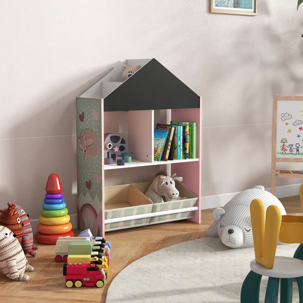 Leksakshylla för barn - Förvaringshylla - Öppna hyllor & 2 tyglådor - 8 fack - MDF & furu - Max 16 kg - 62,4x26,5x90 cm - Grön