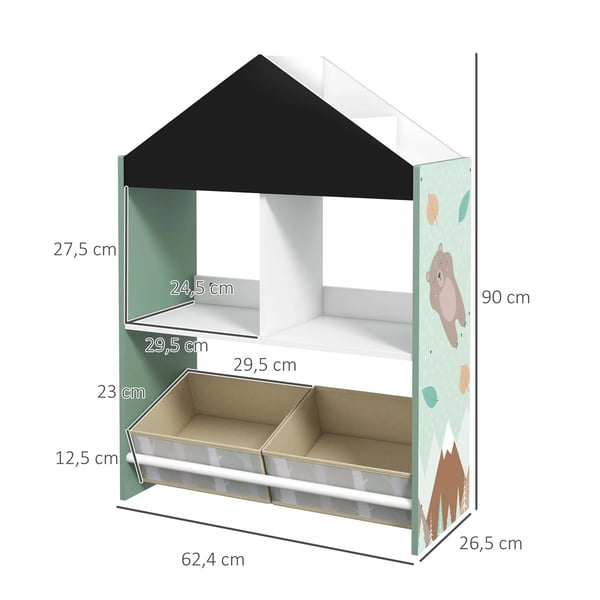 Leksakshylla för barn - Förvaringshylla - Öppna hyllor & 2 tyglådor - 8 fack - MDF & furu - Max 16 kg - 62,4x26,5x90 cm - Grön