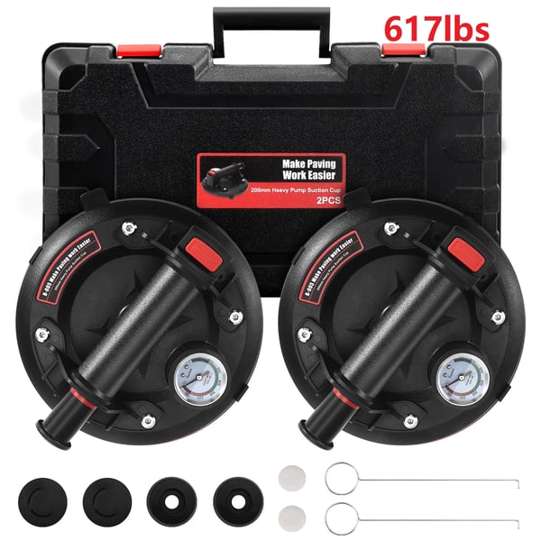 Vakuumsugekopper - Glasløfter - 1 Par - 20 cm - 280 kg Bæreevne - Med Manometer - Aluminiumlegering - Sort