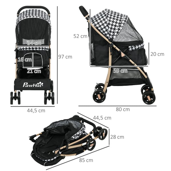 Hundvagn - Husdjursvagn - Hopfällbar - Två dörrar - För små raser upp till 15 kg - Stål & Oxfordtyg - Andningsbar - Mått 80×44,5×97 cm - Svart